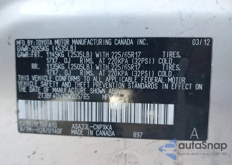 2012 Toyota Rav4 from USA, damaged, VIN 2T3BF4DVXCW205765